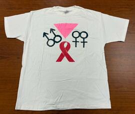 Pink Triangle with woman and man symbols and red ribbon