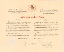 Certificat de l'Ordre du Canada / Certificat of the Order of Canada