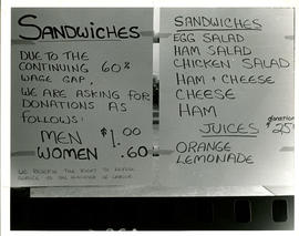 Sandwich menus during Equal Pay Coalition Demonstration outside Ministry of Labour, Toronto +1st ...