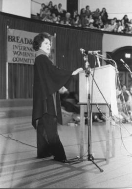 Shirley Douglas, fundraising speech standing away from podium during the IWD 1978, Convocation Hall